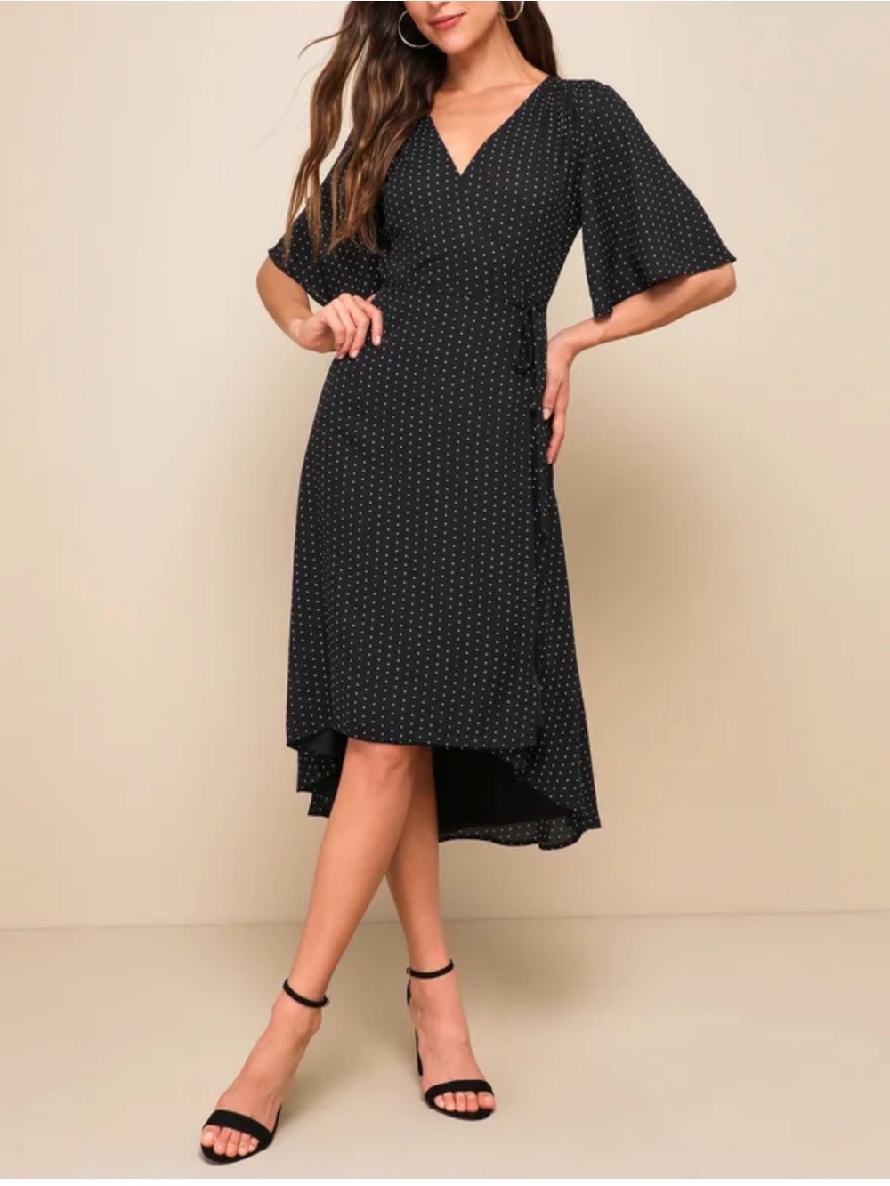 NWT Lulus Farah Black Triangle Print Midi Wrap Dress Women Size S Flutter Sleeve